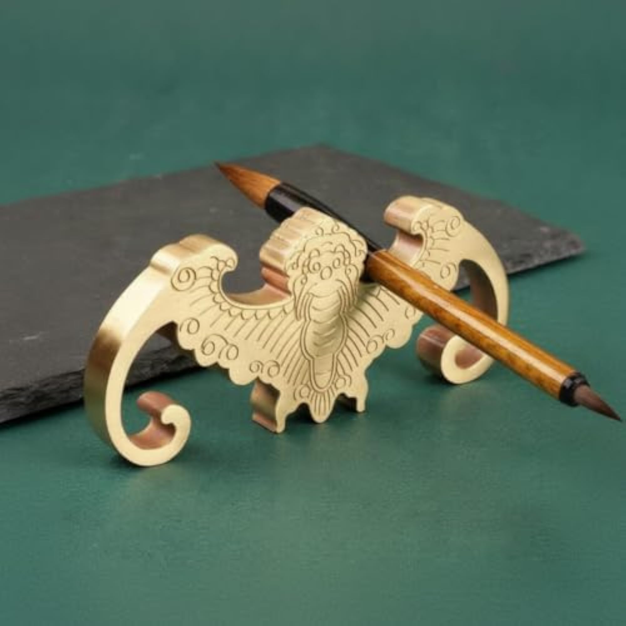 Polished Winged Creature Paperweight, Brass Brush Rest