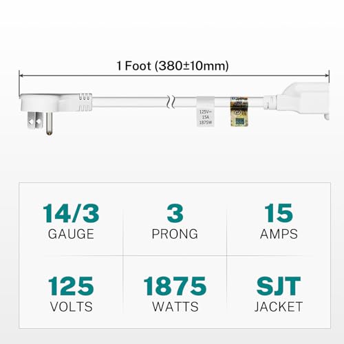 Firmerst 1PCS1FT14WHI 1875W Low Profile Flat Plug 1Ft Extension Cord 14Awg 15A White thumb #1