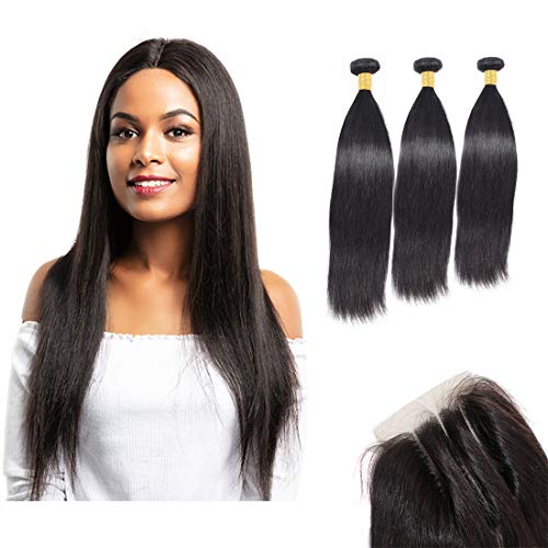 Seyada Straight Human Hair Bundles with Closure Brazilian Virgin Hair 16 18 20 With 14 Three Part Closur Three Part Lace Closure with Bundles 10a Straight Hair with Closure