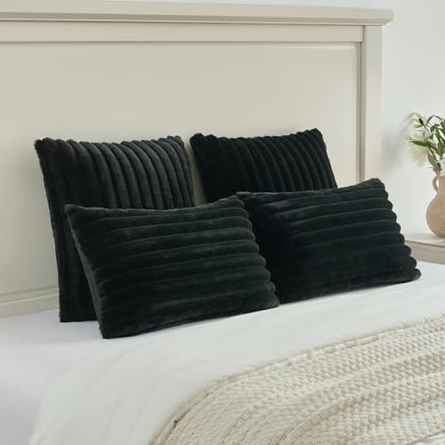 FUTEI Black Striped Decorative Throw Pillow Covers 14x14 Inch Set of 2,Square Fall Decorations Couch Pillow Case,Soft Cozy Faux Rabbit Fur & Velvet Back,Modern Home Decor for Bed