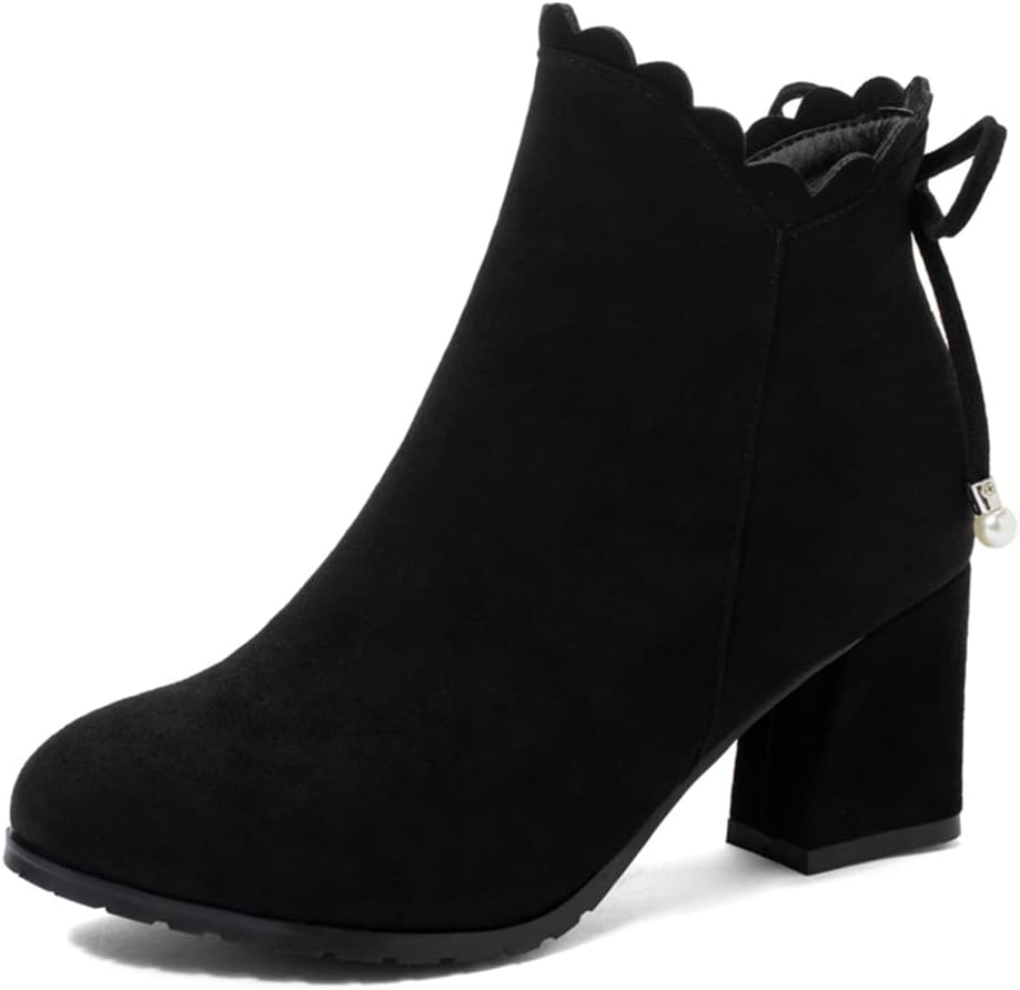 Women's Round Toe Bow Dressy Ankle Boots Suede Side Zipper Chunky Block High Heel Dress Short Booties