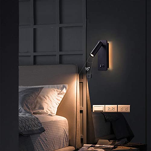 Led Reading Wall Lights For Bedroom, Backlight Night Wall Lamp, Plug In Cord Adjustable Wall Sconces Surface Mount Book Reading Lamps, Backlight 3W+12W 3000K Warm Wall Light (Black) #TOP1