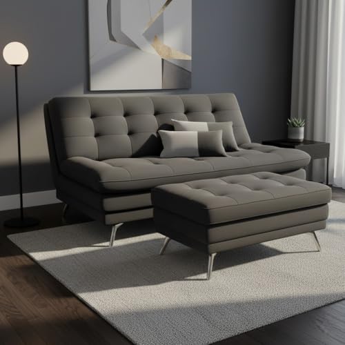 FURNY Supersoft 3 Seater Fabric Sofa Cum Bed with Ottoman (Dark Grey) Premium Velvet Finish with Extra 2 Cushions | Ideal for Living Rooms, Bedrooms, Offices