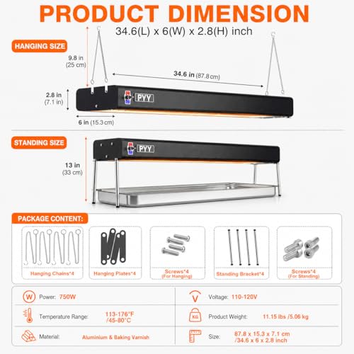 PYY Food Heat Lamp - Food Warming Lamp Heater for Catering Kitchen Restaurant Buffet, Aluminum Overhead & Hanging Food Warmer Lamp Strip 750W,36 Inch,Black by PYY - Image 6