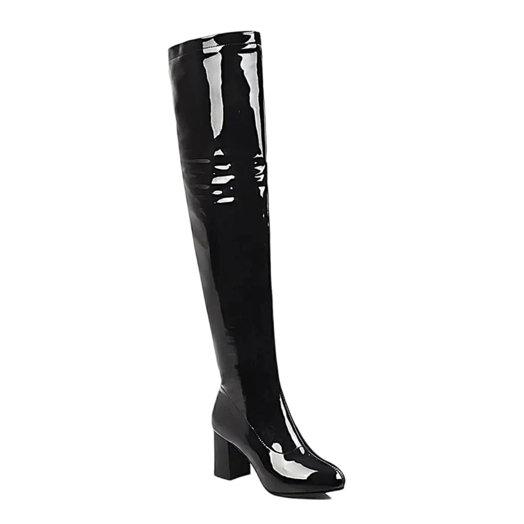 Womens Over The Knee Boots Solid Color Patent Leather Square Heel Long Boots