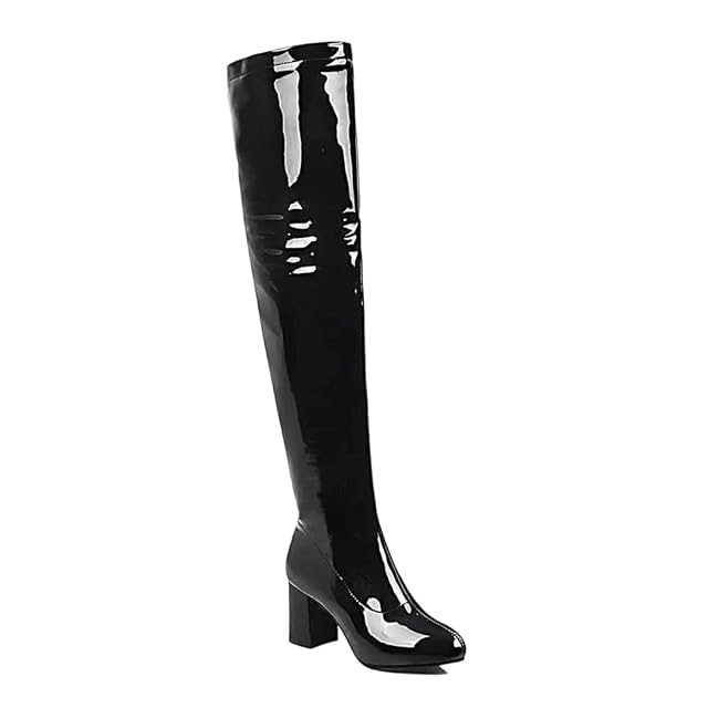 Womens Over The Knee Boots Solid Color Patent Leather Square Heel Long Boots
