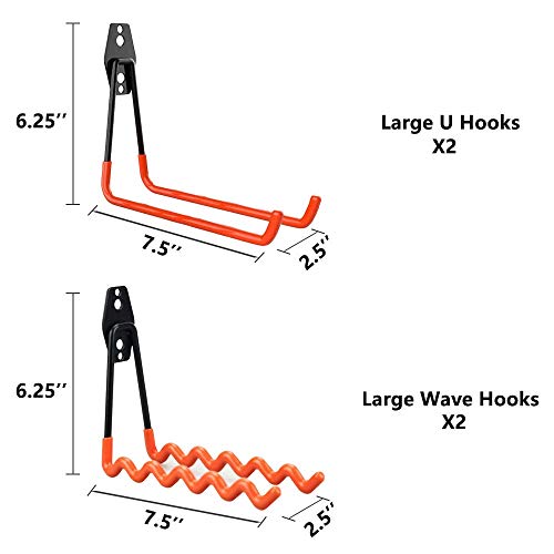 Intpro Steel Garage Storage Utility Double Hooks Organizer Heavy Duty Wall Mount Tool Holder for Organizing Power Tools Ladders Bulk Items 2 Large L +2 Large Wave Hooks 4 Pack