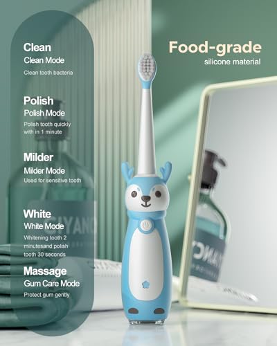 Sonic Rechargeable Kids Electric Toothbrush, 3 Modes with Memory, 35000 Strokes, IPX7 Waterproof,8 Soft Bristles Heads for Boys Girls Ages 3+ 4-7,Blue - Image 2