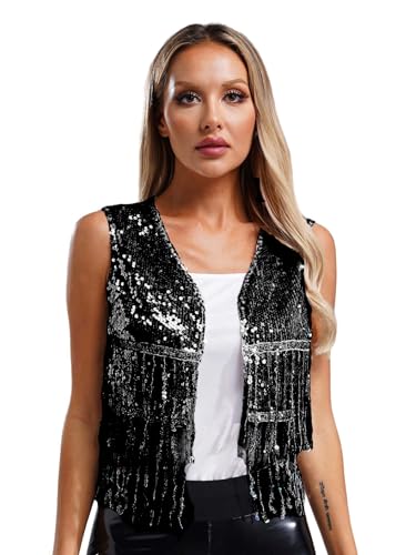 Xnihocha Womens Sequin Vest Glitter Tassel Jacket Sparkle Fringed Waistcoat Jazz Dance Performance Costume Black X-Large