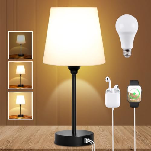 Clora Touch Control Bedside Table Lamp for Bedrooms Nightstand with USB C+A Charging Port 3 Way Dimmable LED Bulb Included Desk Lamp Fabric Shade Night lamp for Living Room/Study/Office/Dorm (White)