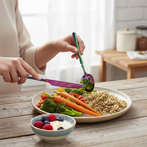 Image of 20 Pcs Rainbow Slim Handle Stainless Steel Cutlery Set for Dining Table with Spoons and Forks Set + Butterknives - The Perfect Tableware /Flatware