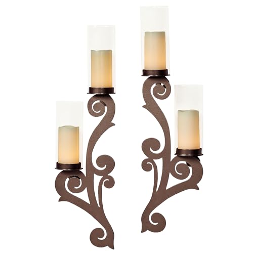 Augustine Scrollwork Bronze Candle Wall Sconce Pair | Metal Designs with Included Hurricane Style Glass Candleholder