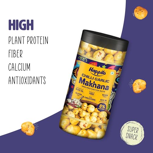 Image of Happilo Premium Makhana Chilli Garlic Jar 80g | Roasted Foxnuts, Phool Makhana | Healthy Snacks | Low Calorie, Vegan, Spicy & Tasty (Pack of 2)