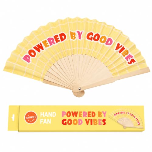 Winkee Handfächer Powered by Good Vibes Lustiger Fächer mit Botschaft & Fächerhalter Faltbar aus Holz und Stoff Geschenkidee für Frauen & Freundinnen 42 5 x 23 cm