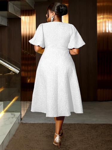 Image of AOMEI Women's Irregular Neck with Flower Short Puff Sleeve High Waist A-Line Jacquard Dress