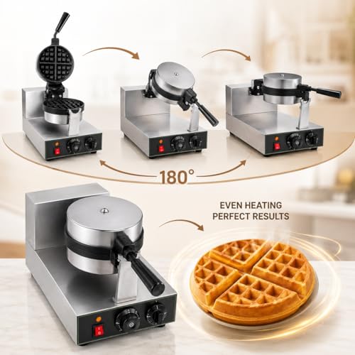 Image of Round Rotating Waffle Machine, Commercial Electric Belgian Waffle Maker, Rotary Waffle Baker for Cafe Bakery Restaurant