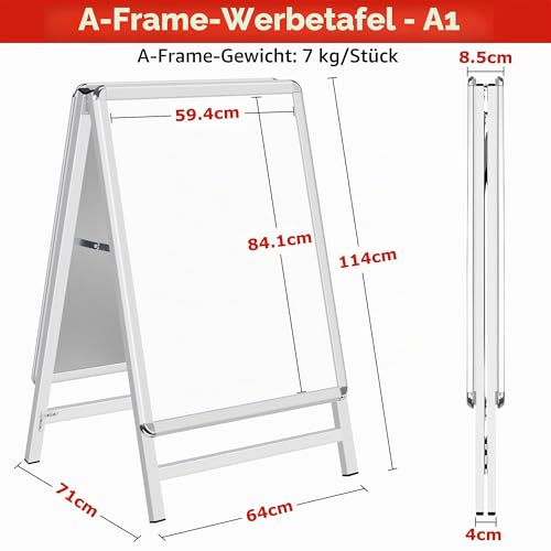 WIIGO Kundenstopper A1 – Doppelseitiger wetterfester Plakatständer, A-Rahmen Ständer Outdoor, Aufsteller für Werbung & Messen (A1, Silber)