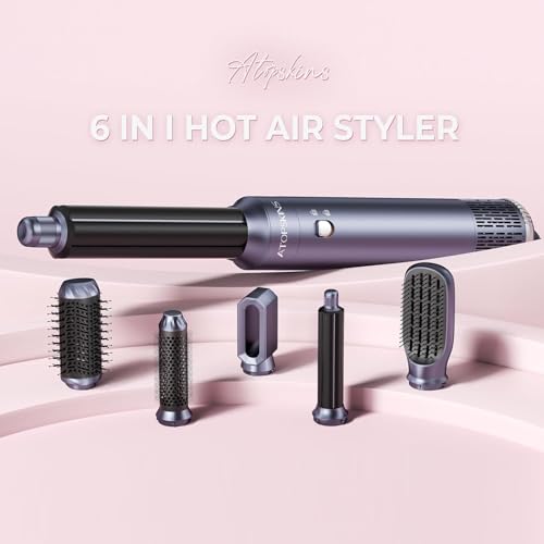 Image of Atopskins 6 in 1 Hair Dryer Brush Set, 1000W Hot Air Styler with 2 Auto-Wrap Curlers, Negative Ion Blowout Brush for Drying, Straightening & Volumizing, Anti-Frizz Multi Styler, Blue