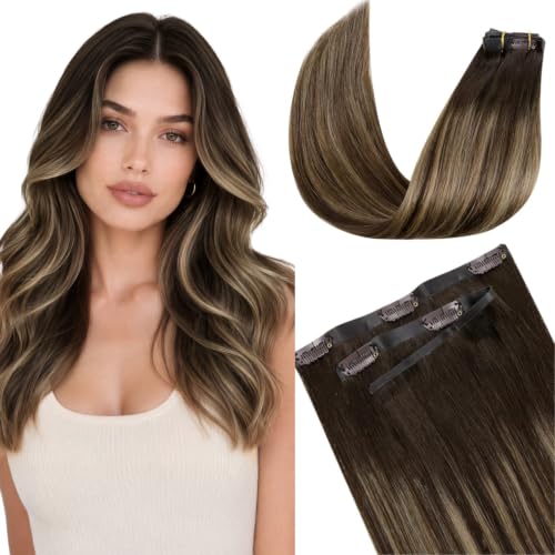 Image of LaaVoo Clip in Hair Extensions Human Hair Balayage Brown to Caramel Brown Human Hair Clip in Extensions Balayage Hair Extensions Clip ins Invisible Pu Weft 14 Inch 7pcs /110g