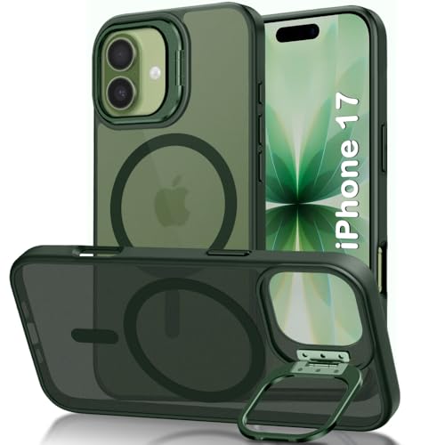 Image of TheGiftKart Hybrid Matte Frosted Back Cover Case for iPhone 17 Compatible with MagSafe | Built-in Stand | Shockproof Hard Back Cover Case for iPhone 17 (PC & TPU, Translucent Green)