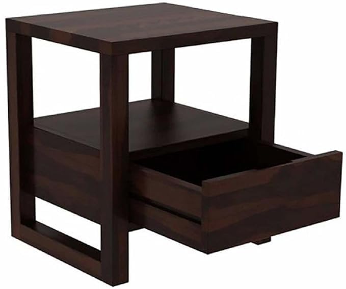 Image of Sheesham Wooden Bedside Table with Shelf Storage for Bedroom | Solid Wood Nightstand Lamp Table for Home | End Table | Rosewood Sofa Side Table for Living Room (Walnut)