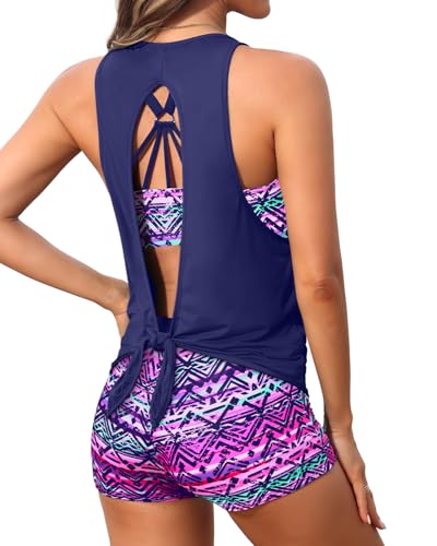 Image of Aqua Eve 3 Piece Tankini Swimsuit for Women Tank Bathing Suit with Shorts Open Back Athletic Swimwear