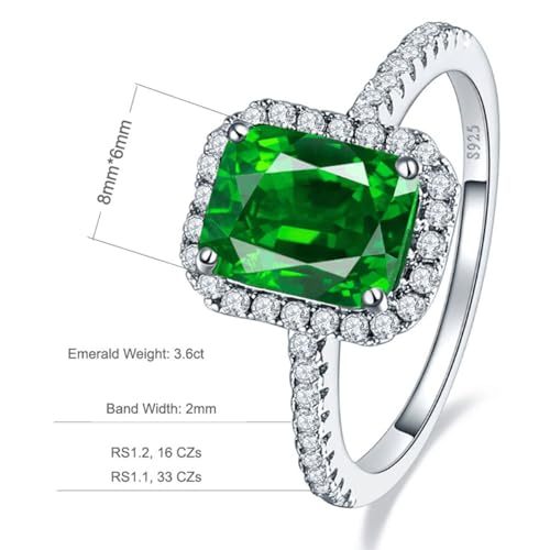 3.6ct 8x6mm Created Green Simulated Emerald Rings 925 Sterling Silver Engagement Ring for Women May Birthstone Rings Paved Cubic Zirconia Wedding Rings Size 5-102