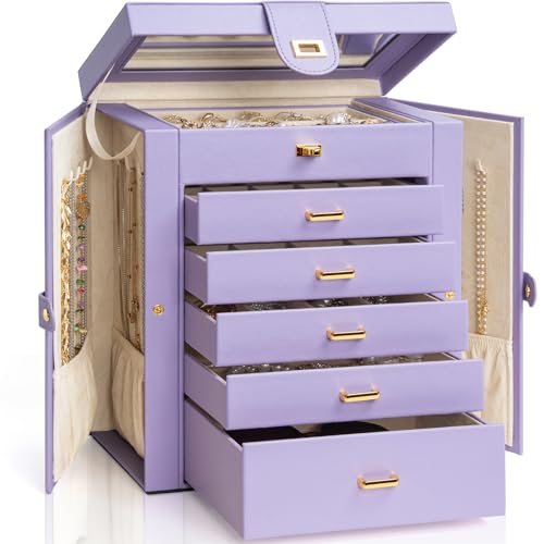 AKOZLIN Large Jewelry Box Organizer Functional Lockable with Big Mirror, Leather Jewelry Storage Case for Women Girls Ring Necklace Earring Bracelet Holder Organizer Violet