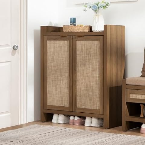 SICOTAS Shoe Cabinet, 24 Pair Shoe Storage Organizer Cabinet, 41" Tall Rattan Shoe Cabinet with Doors and Shelves, 6-Tier Farmhouse Boho Wooden Storage Cabinet for Entryway Hallway Closet Cover