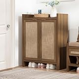 SICOTAS Shoe Cabinet, 24 Pair Shoe Storage Organizer Cabinet, 41' Tall Rattan Shoe Cabinet with Doors and Shelves, 6-Tier Farmhouse Boho Wooden Storage Cabinet for Entryway Hallway Closet