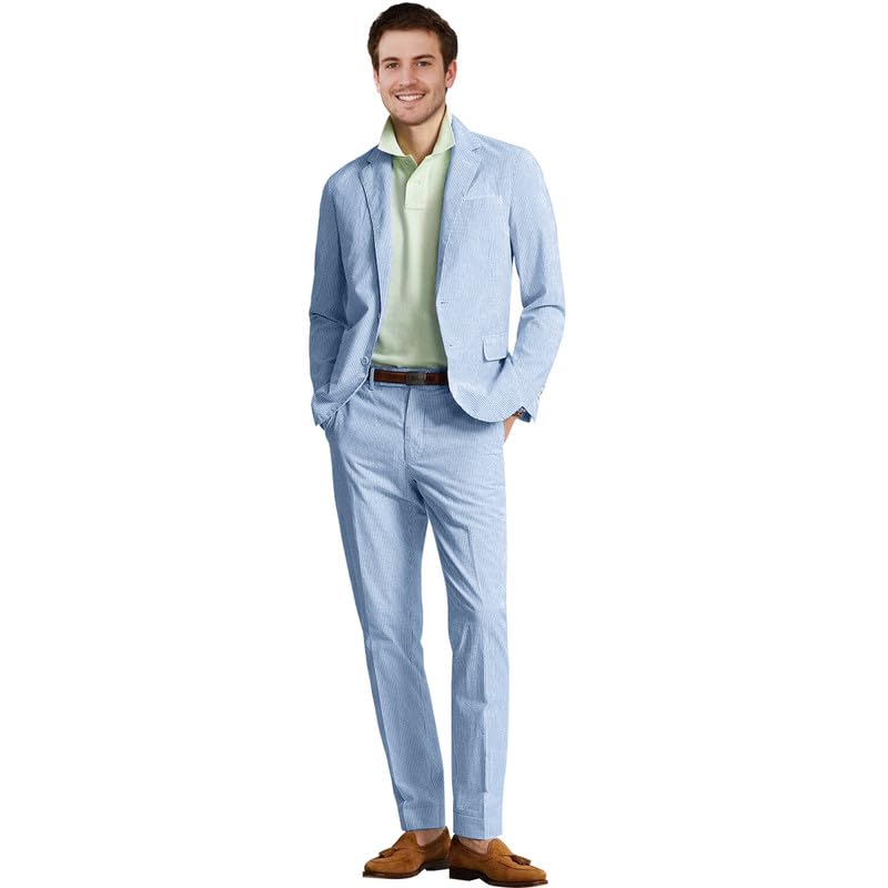 HBDesign 2 Piece Mens Seersucker Summer Suits Grooms Sear Sucker Suit for Beach Wedding Suit Mens Slim Fit 2 Button Suit