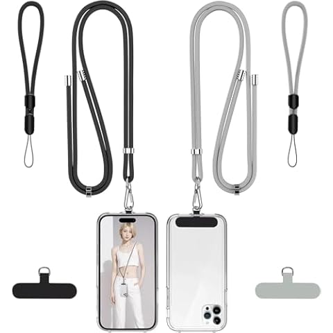 takyu Phone Lanyard, 2 Pack Adjustable Cell Phone Lanyard Crossbody Neck Strap & 2 Pack Phone Wrist Strap with Tether Tabs Compatible for iPhone Android Smartphones-Black Grey Cover