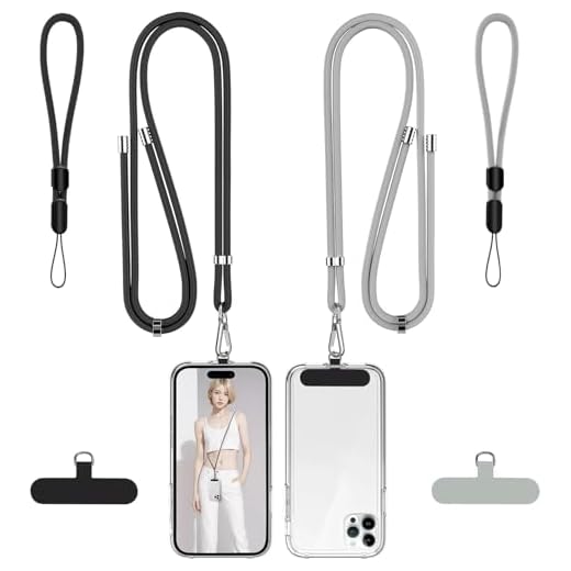 takyu Phone Lanyard, 2 Pack Adjustable Cell Phone Lanyard Crossbody Neck Strap & 2 Pack Phone Wrist Strap with 2 Pcs Tether Tabs Compatible for iPhone Android Smartphones-Black Grey