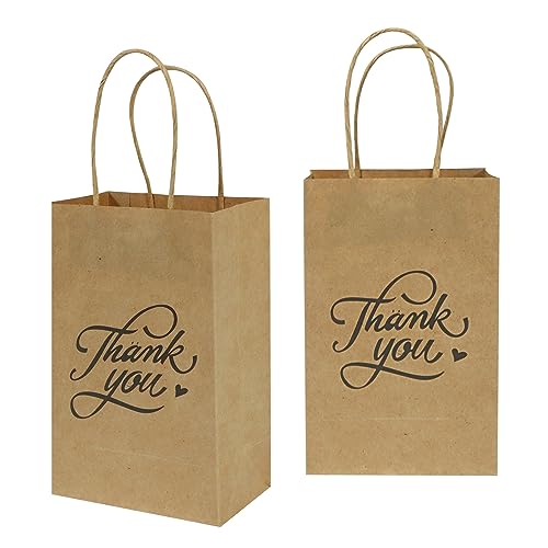 Image of bagmad 100pack 5.25x3.25x8 inch Brown Small Paper Bags with Handles Bulk, Gift Paper Bags, Kraft Birthday Party Favors Grocery Retail Shopping Bags, Craft Bags Takeouts Business (Thank You-Brown)