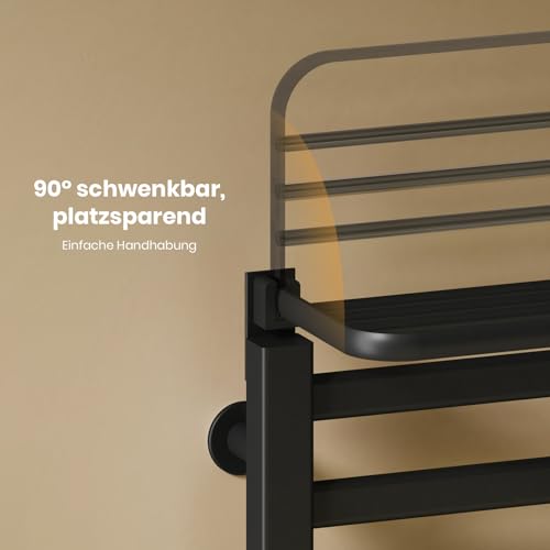 EMKE Elektrischer Badheizkörper Handtuchhalter 500 x 500 mm, Intelligenter Konstanttemperatur Handtuchheizkörper Elektrisch Handtuchtrockner Handtuchwärmer mit Ablage Right Schwarz 140W