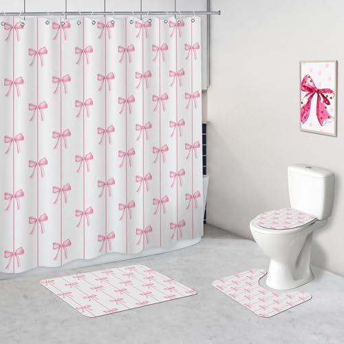 Faitove Pink Bow Shower Curtain Sets 4PCS with Rugs, Striped Bow Knot Shower Curtain Elegant Romantic Bathroom Decor Modern Aesthetic for Girls and Women Waterproof Polyester with Hooks, 72