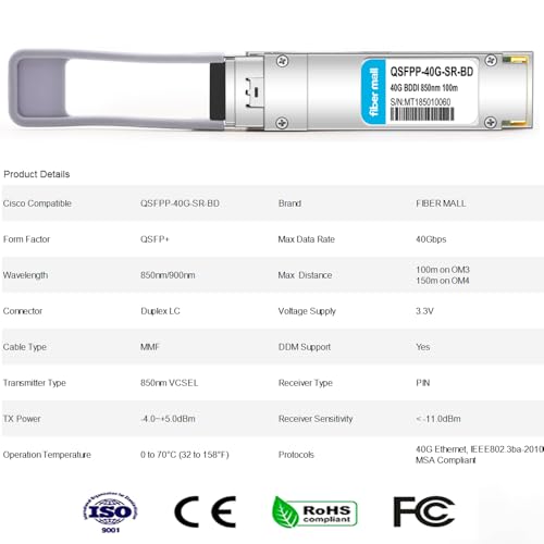 Image of 40G QSFP+ SR BiDi for Cisco QSFP-40G-SR-BD,Meraki MA-QSFP-40G-SR-BD, 40GBASE-SR Bi-Directional QSFP+LC Multi-Mode Transceiver Modul 850nm /900nm MMF 100m /150m Duplex LC