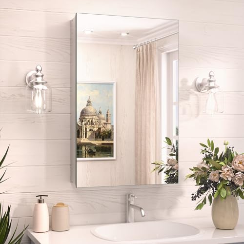 TokeShimi 16×26 Farmhouse Medicine Cabinet Recessed or Surface Mount Aluminum Tempered Mirror with Adjustable Storage Silver Bathroom Mirror Medicine Cabinet Frameless Metal Modern