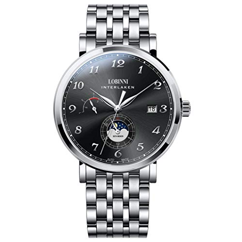 Automatic Watch for Men,Mens Wrist Watches Stainless Steel LOBINNI Luxury Watches Men's Watches 50m Waterproof self Wind Mechanical Wristwatch Sapphire Mirror with Week,Date,24 Hours (Mens Watches 2)