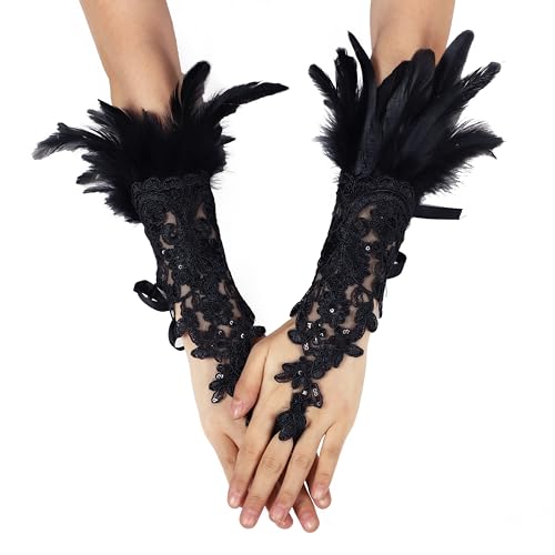 Rulala Fancy Feather Lace Gloves Gothic Long Sleeved Wrist Cuffs Women Halloween Costume(Black)