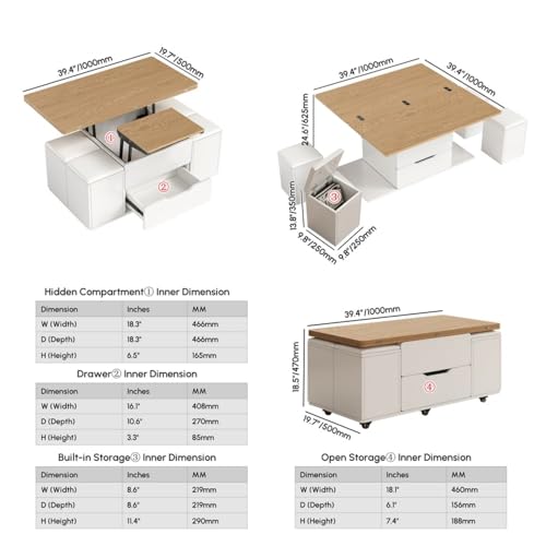 Homary Couchtisch Höhenverstellbar,Wohnzimmertisch mit Schublade,3-in-1-Multifunktions-Couchtisch Umwandelbar Wohnzimmer-Esstisch Arbeitstisch (Weiß & Natur) – Bild 3