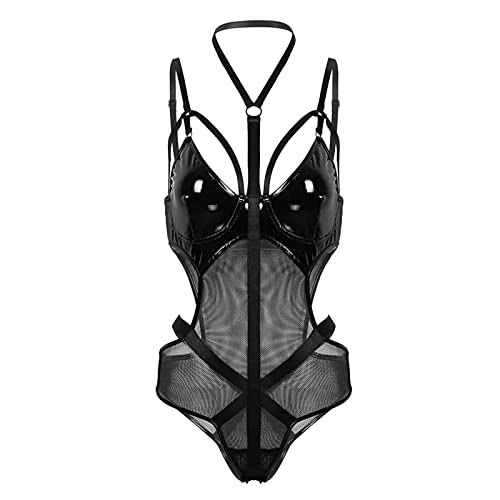 Sxglamr Women's Wet Look Lingerie Set, Backless Leather Bodysuit ...