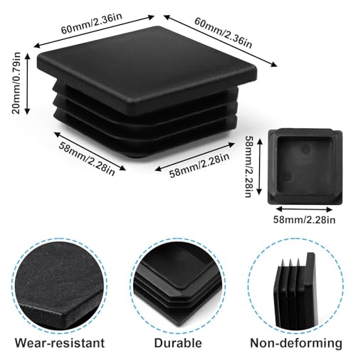 TXXATX 8 Pieces Box Section End Caps 60x60 mm Worktop End Cap Reusable Plastic End Caps Square Post Caps Insert Plastic Caps Black Tube Plug for Metal Tube Furniture Chair Shelf Sofa Table Stoppers - Image 3