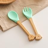 Baby Feeding Spoon, Bamboo Wood and Silicone Baby Fork and Spoon - Soft Curved...