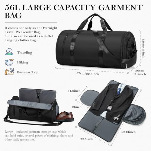 Image of Convertible Garment Bags for Travel Carry On Garment Bag For Men Women Foldable Duffle Bag For Travel,2 in 1 Hanging Suitcase Suit Travel Bags (Black)