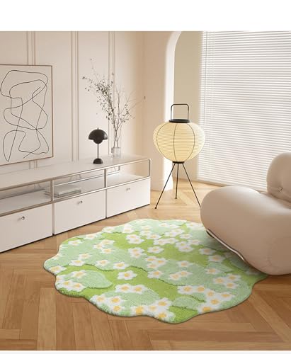 Image of Layery Round Rug, Soft Green Moss Rug Flowers Grass Shag Area Rug Cute Non Slip Washable High Traffic Rugs for Nursery Kids Room Dorm Bedroom Living Room Entryway (3x3 Feet)