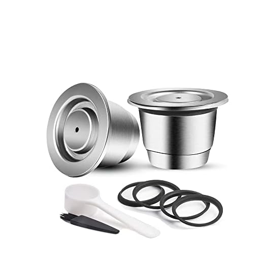 Taza de cápsula de café recargable, cápsulas de café de acero inoxidable para Nespresso, compatible con la máquina de café Nespresso (2 tazas + 5 juntas tóricas de silicona de repuesto)