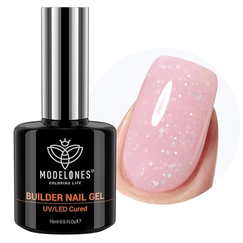 Image of modelones Builder Nail Gel, 8-in-One Nude Pink Shimmer Builder, Glitter Sparkle Rainbow Nail Gel Polish, Jelly Pink Iridescent LED Lamp Cured Hard Rubber Color Base for Home DIY Salon Girls