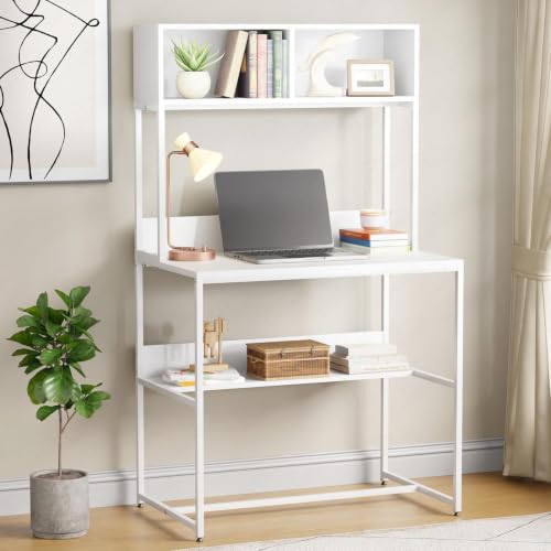 Image of Lukzer Study Table with Open Bookshelf | MST-010 /White & White | Engineered Wood with Metal Frame Desk | Modern & Space Saving Computer Workstation with Hutch for Home Office (143x83x50 cm)