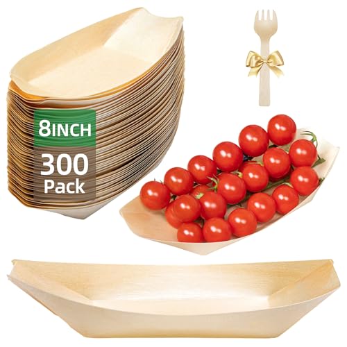 Suwodpak Paquete de 300 platos desechables de madera de 8 pulgadas, bandejas de alimentos, platos de postre desechables, barcos de comida desechables para fiestas, bodas, picnic (tamaño real
